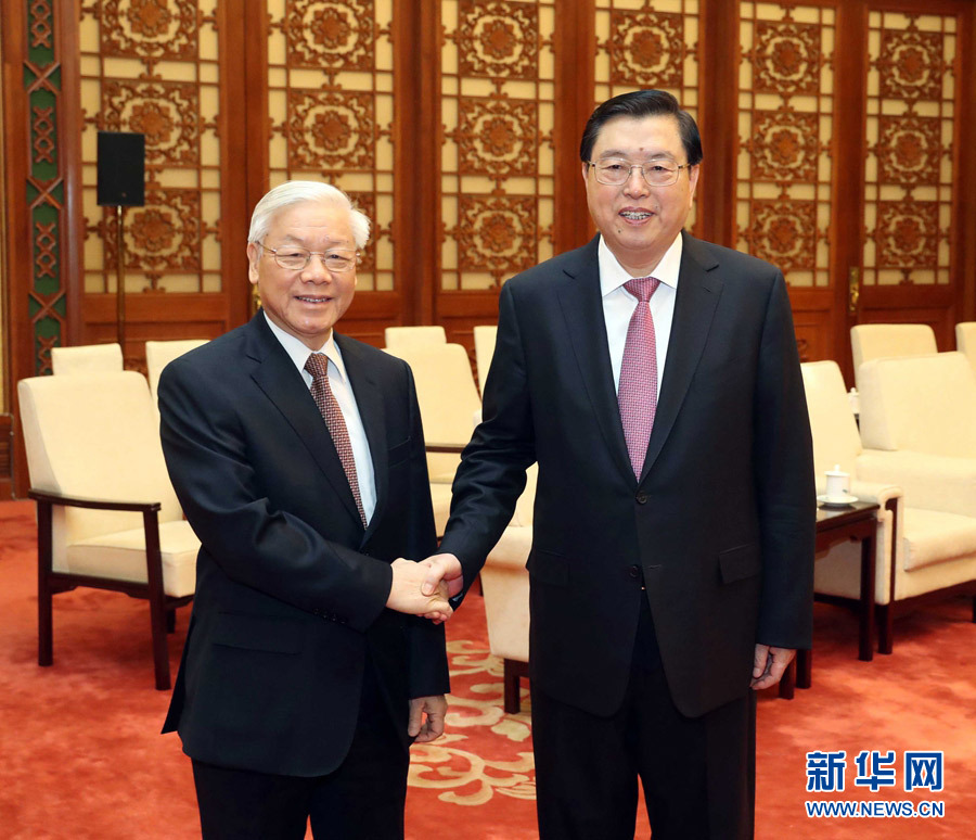 1月13日，中共中央政治局常委、全國人大常委會委員長張德江在北京人民大會堂會見越共中央總書記阮富仲。 新華社記者 劉衛(wèi)兵 攝