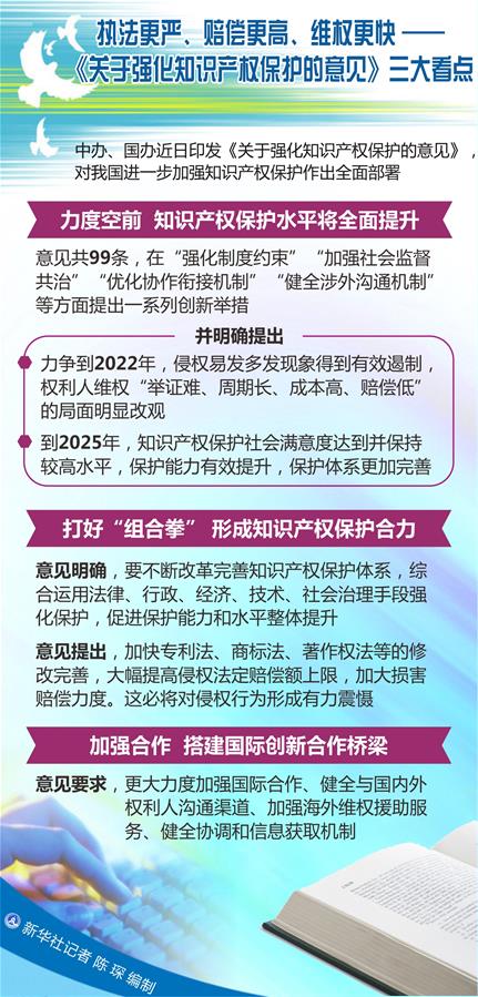 （圖表）[新華調(diào)查]執(zhí)法更嚴(yán)、賠償更高、維權(quán)更快——《關(guān)于強(qiáng)化知識產(chǎn)權(quán)保護(hù)的意見》三大看點